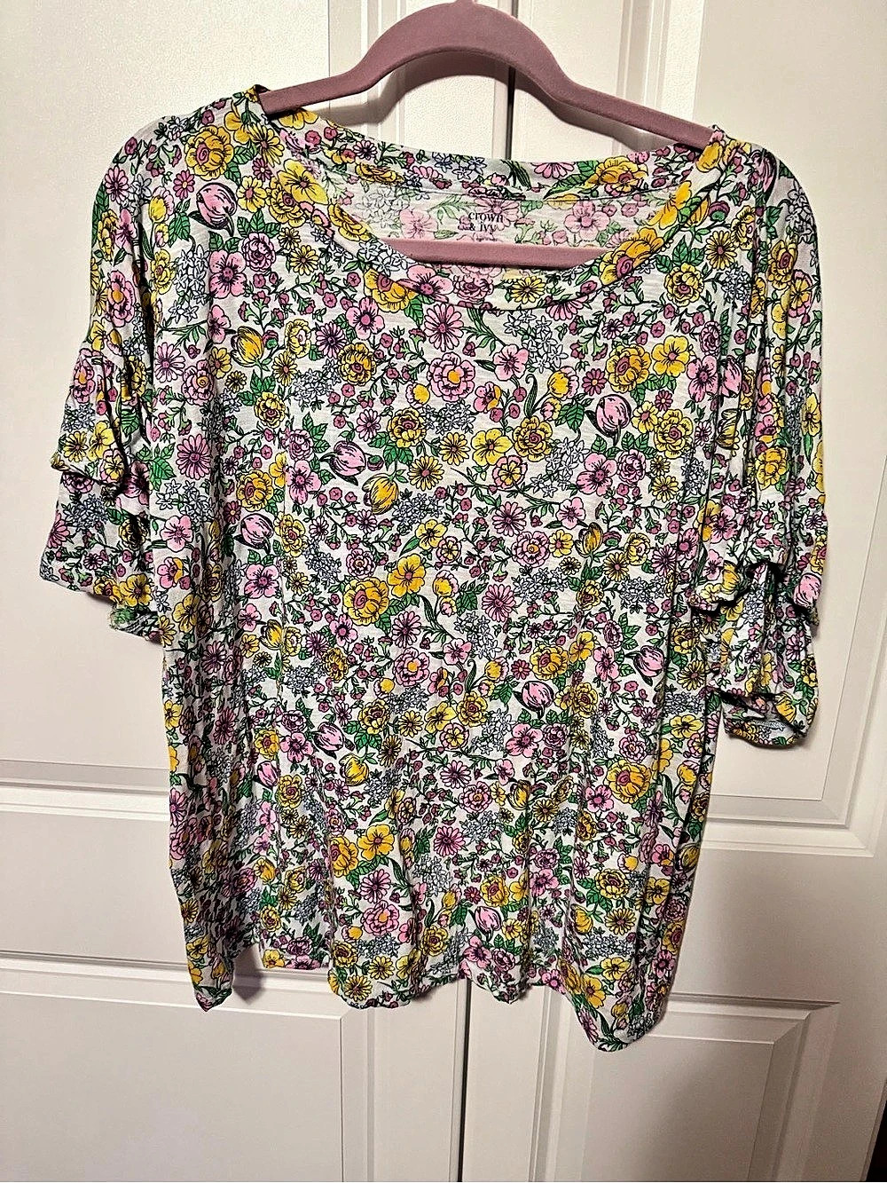 Crown & Ivy Floral Cotton Top in White & Pink Size XXL